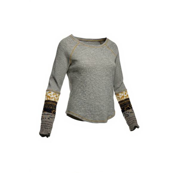 Grey Waffle Raglan Top W/ Mustard Crochet Patterned Sleeves Small/Medium - Picture 3 of 12